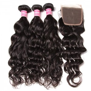 Kriyya Malaysian Natural Wave Remy Human Hair 3 Bundles With 4*4 Lace Closure