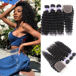 Kriyya Deep Wave 3 Bundles With Lace Closure Indian Virgin 100 Human Hair