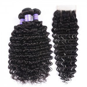 Kriyya Deep Wave 3 Bundles With Lace Closure Indian Virgin 100 Human Hair