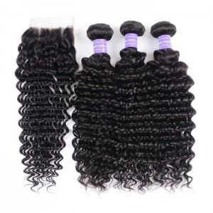 Kriyya Peruvian 100% Human Hair Deep Wave 3 Bundles With Lace Closure 4 X 4 Inch