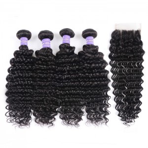 Kriyya Deep Wave 4pcs Brazilian Bundles With Lace Closure