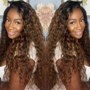 Kriyya Balayage Highlight 13x4 Lace Front Wigs With Baby Hair Water Wave Brown Highlight Colored Wigs 150% Density