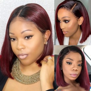 Kriyya 1B/99J Burgundy Ombre 4x4 Lace Closure Wig Straight Human Hair Bob Hair Wigs with Baby Hair 150% Density