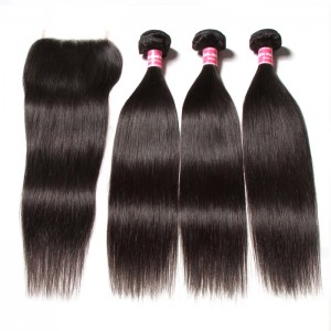 Kriyya Affordable Straight Peruvian Human Hair 3 Bundles With 4X4 Closure Free Part