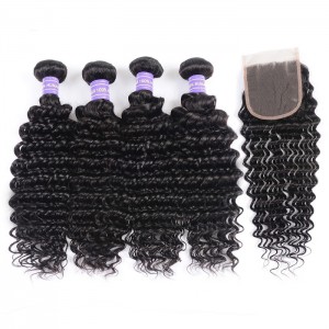 Kriyya Peruvian Deep Wave 4 Bundles With 4x4 Lace Closure