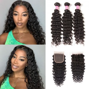 Kriyya Peruvian Deep Wave Hair Closure 4X4 Inch With 3 Bundles Virgin Hair