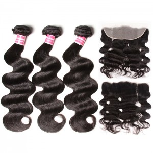 Kriyya Indian Virgin Remy Hair 3 Bundles Body Wave With 13*6 Lace Frontal