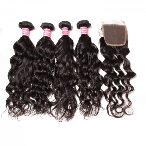 Kriyya Brazilian Hair Natural Wave Weave 4 Bundles With 4x4 Lace Front Closure