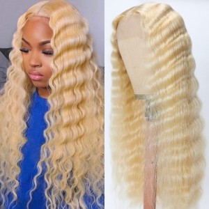 Kriyya Blonde 13X4 Lace Front Deep Wave Humna Hair Wig Pre-plucked Hairline With Natural Baby Hair 150% Density