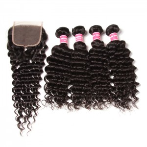 Kriyya 4 Bundles Peruvian Deep Wave Hair With 4X4 Closure 