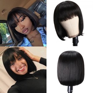 Kriyya Glueless Human Hair Blunt Cut Bob Wig With Bangs Natural Black 150% Density