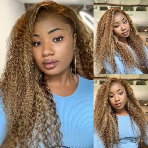 Kriyya Highlight 13X5 T Part Bouncy Curly Lace Front Wigs Middle Part Virgin Human Hair Wigs With Baby Hair