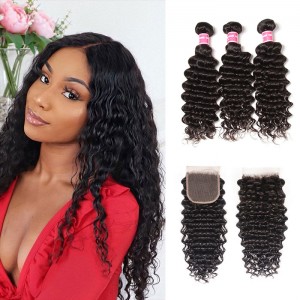 Kriyya Brazilian Deep Wave Human Hair 4X4 Closure With 3 Bundles Deals