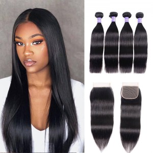 Kriyya Best Brazilian Straight Hair 4 Bundles With 4x4 Closure Virgin Hair