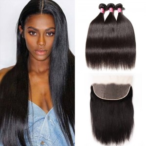 Kriyya Brazilian 100% Human Hair Straight 3 Bundles With Lace Frontal 13*6 Inch