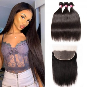 Kriyya 3 Pcs Peruvian Virgin Human Hair Straight With 13*6 Lace Frontal