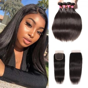 Kriyya Peruvian Hair Straight Weave 4 Bundles With 4X4 Lace Closure