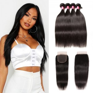 Kriyya Maylaysian Straight 100% Human Hair 4 Bundles With 4X4 Closure 