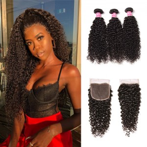 Kriyya Peruvian Hair 3 Bundles Curly Hair With Pre Plucked 4X4 Closure