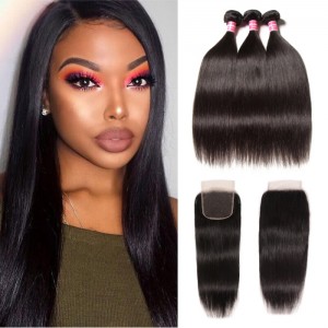 Kriyya High Quality Straight Indian 4X4 Lace Closure With 3 Bundles Virgin Hair