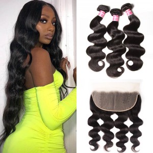 Kriyya Peruvian Virgin Hair 3 Pcs Body Wave With 13*6 Lace Frontal