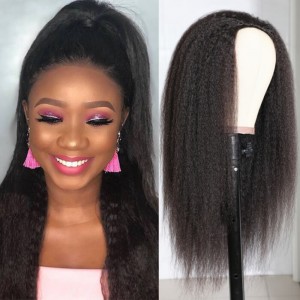 Kriyya Kinky Straight Wigs Human Hair 3/4 Half Wig Glueless Wigs Natural Color