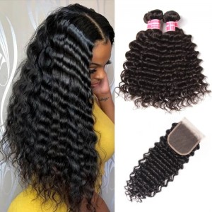 Kriyya Malaysian Weave Deep Wave Hair 3 Bundles With 4X4 Closure