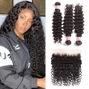 Kriyya 3 Pcs Deep Wave Virgin Hair Bundles With 13*4 Lace Frontal Malaysian Human Hair