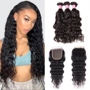 Kriyya Malaysian Natural Wave Remy Human Hair 3 Bundles With 4*4 Lace Closure