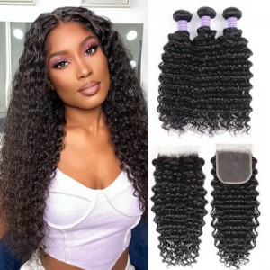 Kriyya Peruvian 100% Human Hair Deep Wave 3 Bundles With Lace Closure 4 X 4 Inch