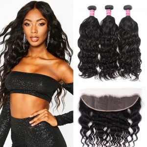Kriyya 3 Bundles Brazilian Virgin Hair Natural Wave Unprocessed Virgin Hair With 13*4 Lace Frontal