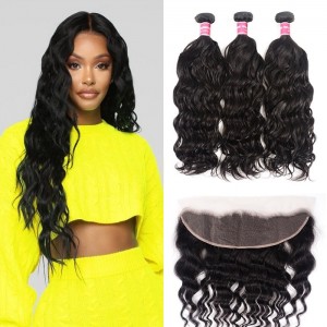 Kriyya Malaysian Virgin Hair 3pcs Natural Wave With 13*4 Lace Frontal