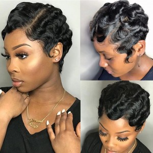 Kriyya Finger Waves Short Pixie Cut Wig Ocean Wave Human Hair Machine Made Wigs