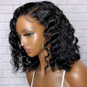 Kriyya Airy Deep Wave 13X5 T Part Lace Short Bob Wig 150% Density