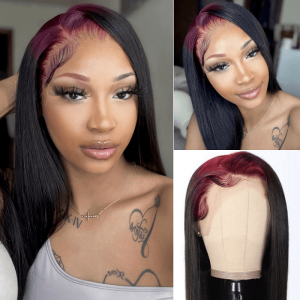 Kriyya Billie Eilish Style Deep Part 99J Burgundy Roots On Black Hair Skunk Straight 13x4 Lace Front Human Hair Wig