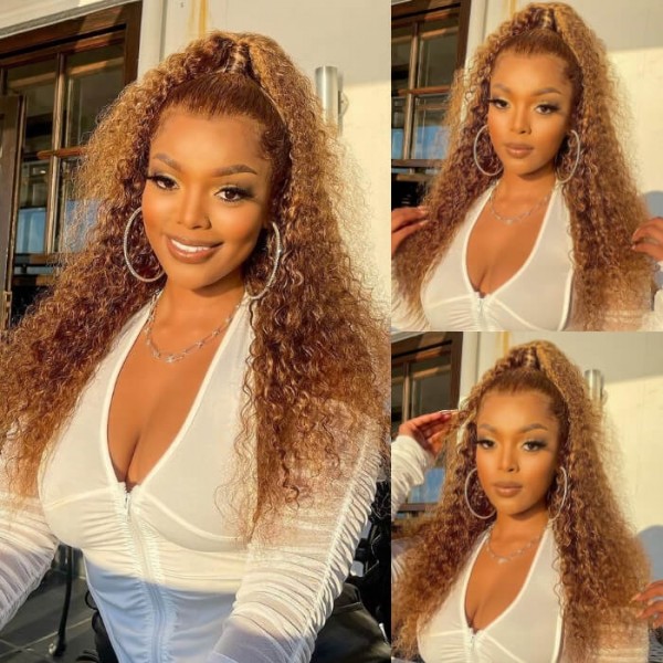 Kriyya Curly Hair Honey Blonde Ombre Highlight Wigs 13x4 Lace Front Human Hair Wigs Pre Plucked 150%