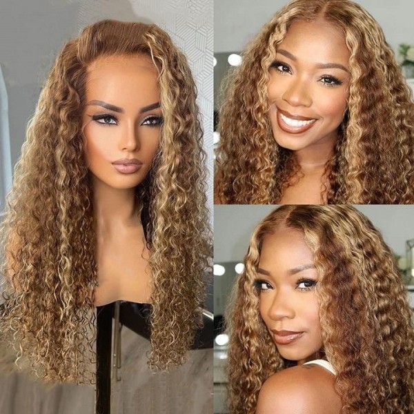 Kriyya Highlight 13X5 T Part Bouncy Curly Lace Front Wigs Middle Part Virgin Human Hair Wigs With Baby Hair