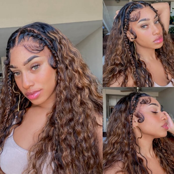 Kriyya Balayage Highlight 13x4 Lace Front Wigs With Baby Hair Water Wave Brown Highlight Colored Wigs 150% Density