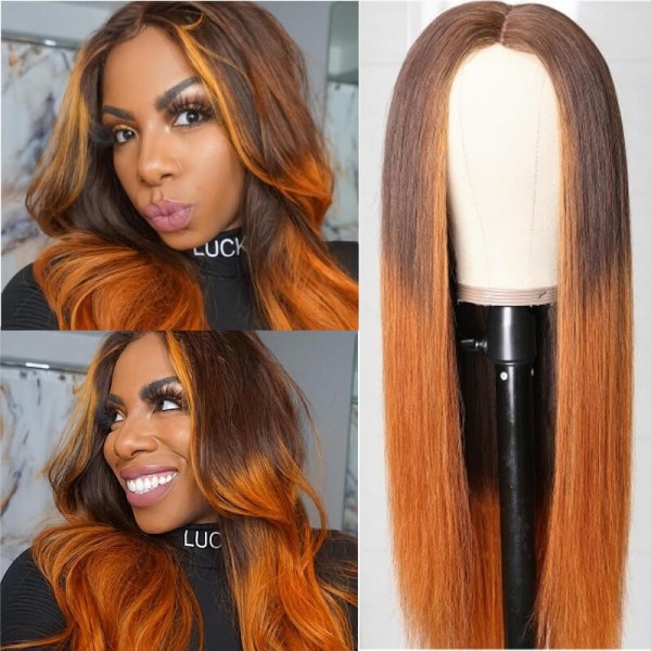Flash Sale-18 Inches Straight Middle Part Lace Closure Wig TL430 Copper Red Ombre Virgin Human Hair 150% Density