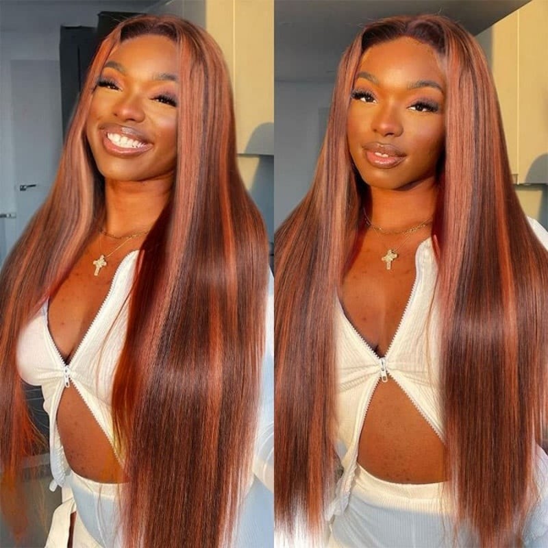 Kriyya Straight Lace Front Wig Highlight  Copper Red Highlight Virgin Human Hair Wig 150% Density