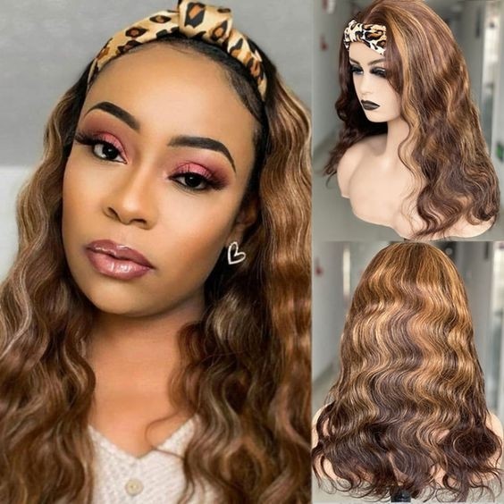 Kriyya Body Wave Headband Wigs Ombre Brown Highlight Glueless Human Hair Wig 150% Density