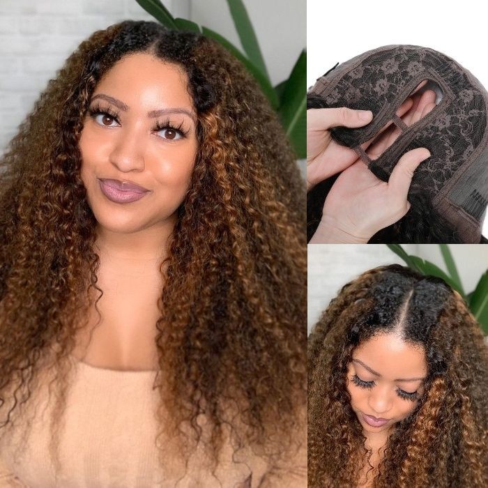 Kriyya U-Part Bouncy Curly Wig Beyoncé Inspired Highlight Upgrade Human Hair No Cut Needed