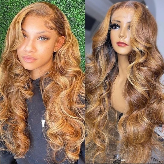 Kriyya Honey Blonde Highlight Ombre Body Wave Human Hair Wig Piano Colored 13x5 T Part Lace Front Wigs