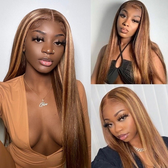 Kriyya 13x4 Straight Wigs Lace Front Wigs Honey Blonde Highlight Human Hair Wigs With Streaks 150% Density