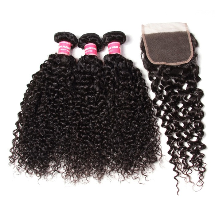 Kriyya 3 Bundles Malaysian Curly Hair Weave With Closure 4X4 Inch 