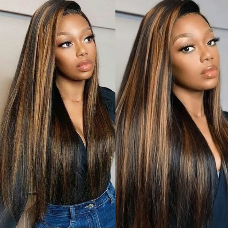Kriyya Caramel Balayage Highlights Color Straight 4X4 Lace Closure With 3 Bundles Virgin Hair