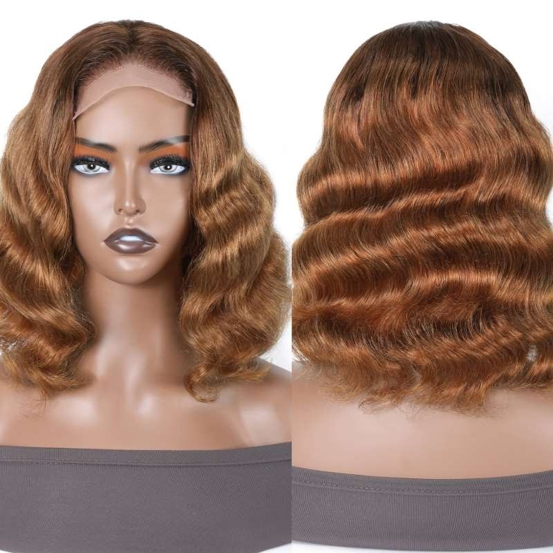 Kriyya Ombre Honey Brown Loose Deep Wave Human Hair Wig With Shadow Root Short 4x4 Lace Closure Wig 150% Density