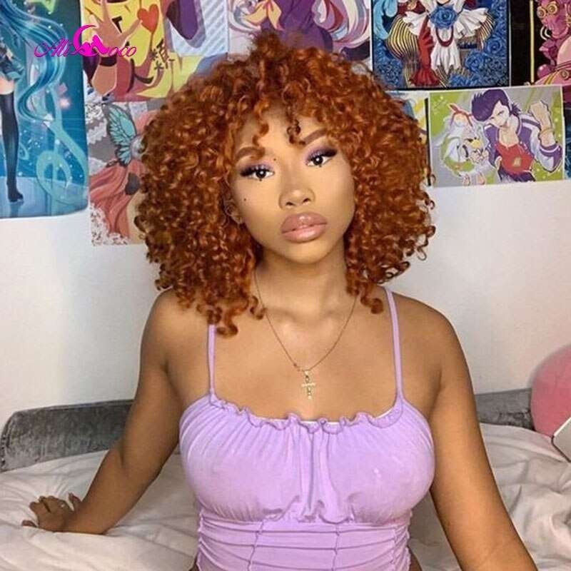 Kriyya Orange Ginger Colored Bouncy Curly Wig Machine Made Human Hair Wig 150% Density