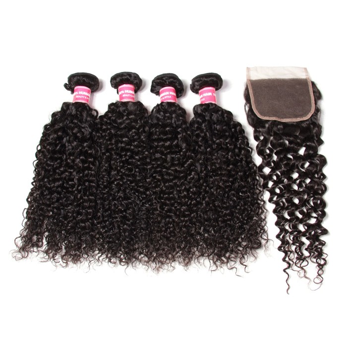 Kriyya Malaysian Hair Weave Curly Hair 4 Bundles With 4X4 Lace Closure Natural Color