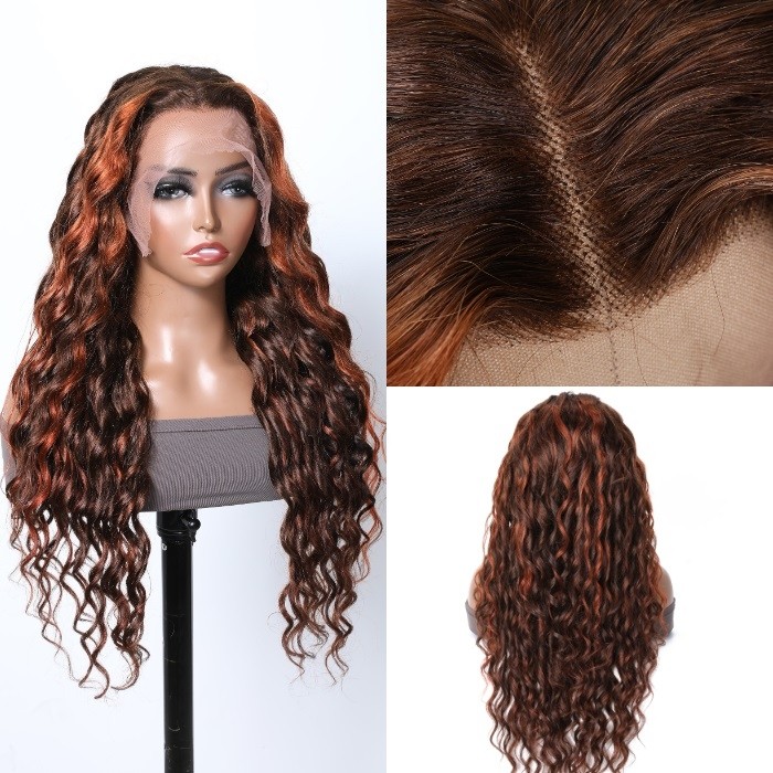 Kriyya New Fashion 13X4 Sprial Wave Copper Red Highlight On Brown Hair Colored Wig 150% Density